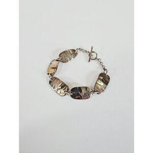 Vintage Monet Signed Silver Bean Shaped Flat Linked Chain Toggle Clasp Bracelet